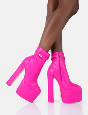 Vally Hot Pink PU Extreme Platform Square Block Heeled Ankle Boots