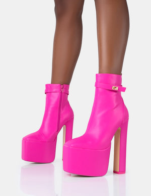 Vally Hot Pink PU Extreme Platform Square Block Heeled Ankle Boots