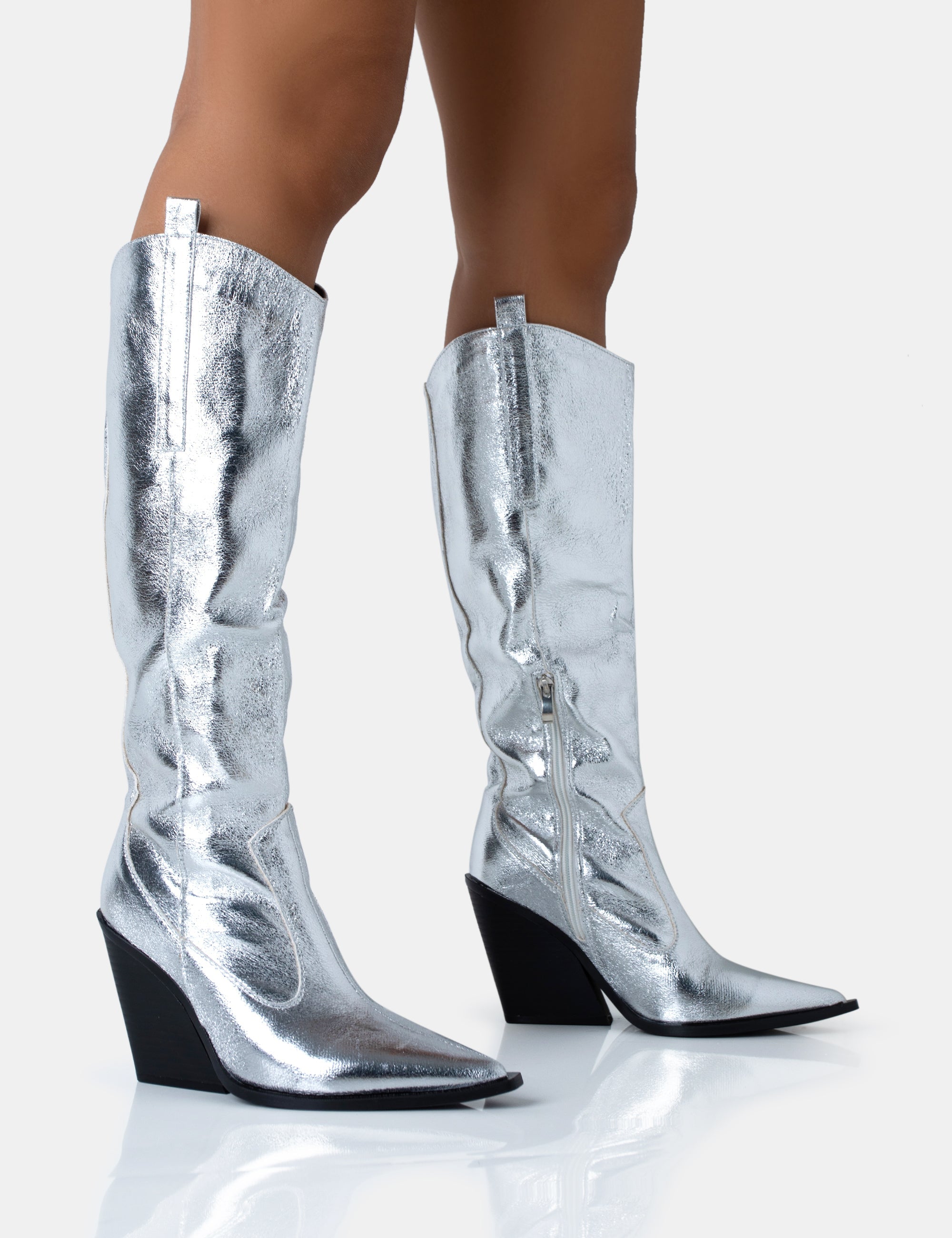 Women's Silver Metallic Western Pointed Wedge Heeled Knee Boots - Size 9
