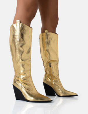 Navada Gold Metallic Western Cowboy Pointed Toe Block Heel Knee High Boots