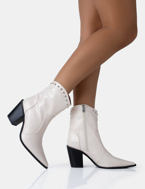 Riley Ecru Croc Metal Studded Detail Western Cowboy Block Ankle Boots