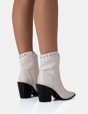 Riley Ecru Croc Metal Studded Detail Western Cowboy Block Ankle Boots