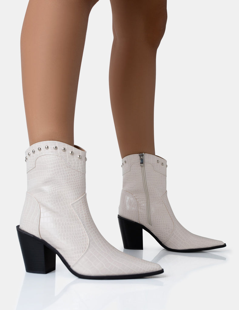 Riley Ecru Croc Metal Studded Detail Pointed Toe Western Cowboy Block ...
