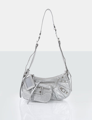 The Trackstar Silver  Diamante Studded Mirror Zip Detail Handbag