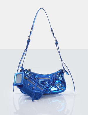 The Trackstar Metallic Blue Croc Pu Studded Mirror Zip Detail Handbag