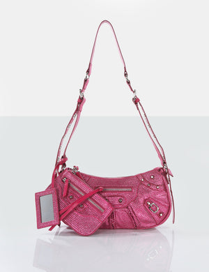 The Trackstar Hot Pink  Diamante Studded Mirror Zip Detail Handbag