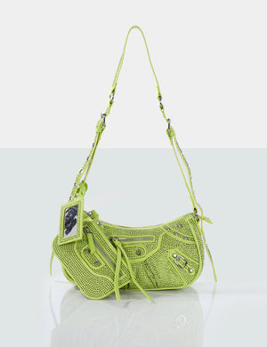 The Trackstar Lime Diamante Studded Mirror Zip Detail Handbag