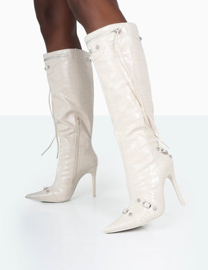 Davina Ecru Croc Pointed Toe Zip Detail Knee High Boots