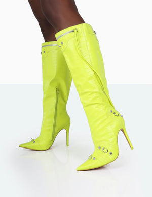 Davina Neon Yellow Croc Pointed Toe Zip Detail Knee High Boots