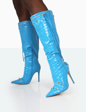 Davina Blue Croc Pointed Toe Zip Detail Knee High Boots