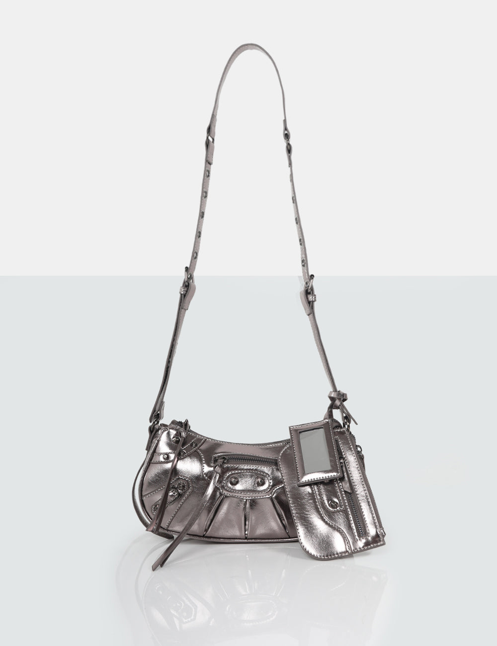 Public Desire The Trackstar Metallic Silver Studded Mirror Zip Detail  Handbag