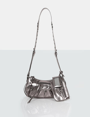 The Trackstar Metallic Grey Pu Studded Mirror Zip Detail Handbag