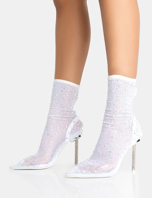 VIP White Diamante Holographic Detailed Mesh Pointed Toe Stiletto Sock Boot Heels