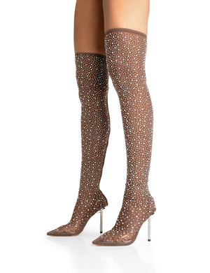 It Girl Chocolate Holographic Detailed Mesh Stiletto Sock Boot Heels