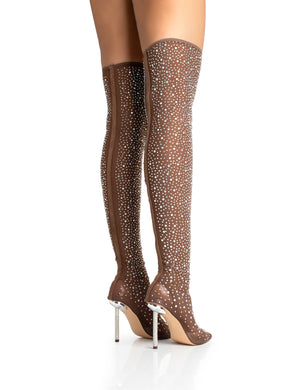 It Girl Chocolate Diamante Holographic Detailed Mesh Pointed Toe Stiletto Sock Boot Heels