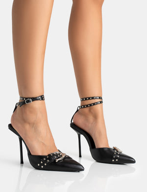 Ozella Black Pu Studded Buckle Wrap Around Pointed Court Stiletto Heel