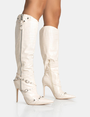 Worthy White Croc Studded Zip Detail Pointed Toe Stiletto Knee High Boots