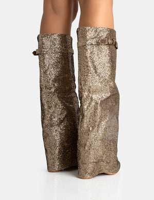 Echo Gold Glitter Twist Lock Detail Fold Over Pointed Toe Knee High Boots