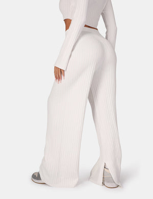 V Front Wide Leg Ribbed Knitted Trousers White