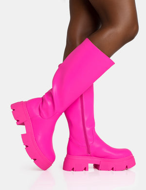 Scorpio Hot Pink Rubberised Pu Rounded Toe Chunky Sole Knee High Boots
