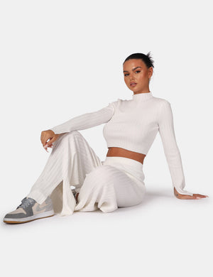 V Front Wide Leg Ribbed Knitted Trousers White