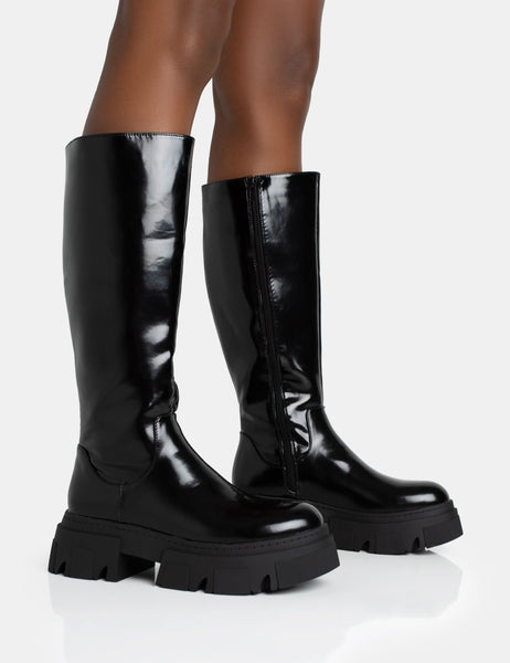 Scorpio Black Rubberised Pu Rounded Toe Chunky Sole Knee High Boots Public Desire