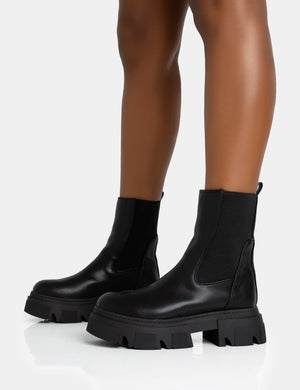 Edgy Black Pu Elasticated Ankle Rounded Chunky Sole Ankle Boots