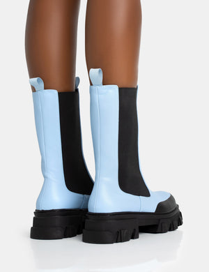 Public Desire Blue Chunky Boots Kira Blue PU Chunky Sole Chelsea