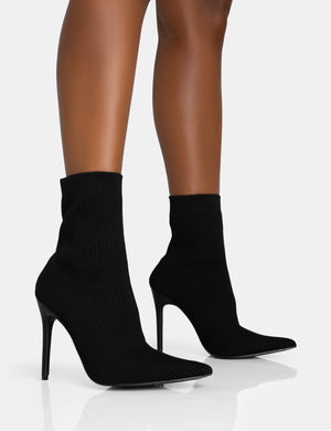 Mirival Black Knitted Stiletto Sock Pointed Toe Ankle Boots