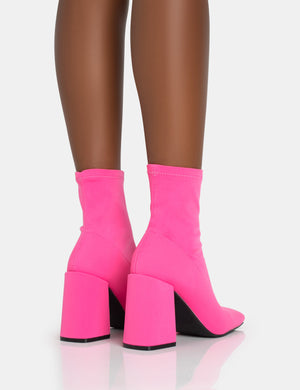 Delani Hot Pink Neoprene Zip Up Rounded Pointed Toe Block Heel Ankle Boots