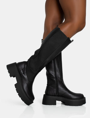 Evergreen Black Pu Knee High Elasticated Detail Chucky Heeled Sole Boots