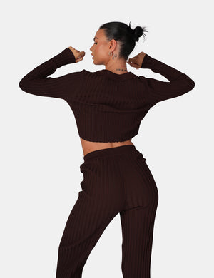 Ribbed Knitted Wide Leg Trousers Chocolate