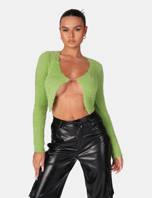 Long Sleeve Kaiia Trim Fluffy Knit Top Green