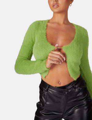 Long Sleeve Kaiia Trim Fluffy Knit Top Green