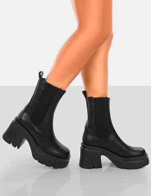 Step Up Wide Fit Black Drench PU Heeled Ankle Boots