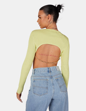 Open Chain Back Knitted Crop Top Lime