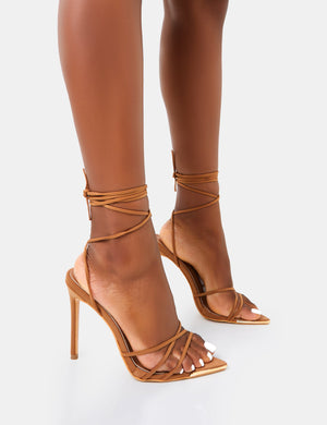Isobel Tan Pu Lace Up Strappy Barely There Pointed Toe High Heels