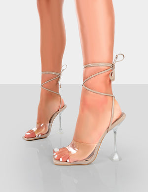 Bly Nude Patent Perspex Cake Stand Lace Up Square Toe Heels