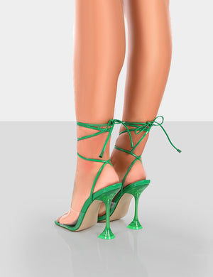 Bly Green Patent Perspex Cake Stand Lace Up Square Toe Heels
