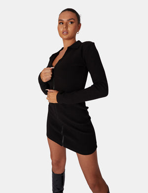 Zip Through Collared Mini Dress Black