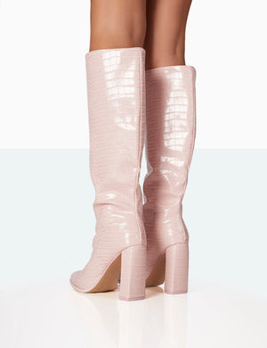 Mainstream loyalitet blive irriteret Posie Baby Pink Croc PU Pointed Toe Block Heel Knee High Boots | Public  Desire