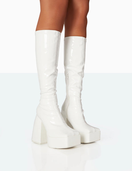 Heartbeat White Patent PU Chunky Square Toe Platform Block Knee High Boots Public Desire