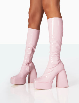Heartbeat Pink Patent PU Chunky Square Toe Platform Block Knee High Boots