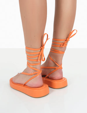 Beach Babe Orange Lace Up Toe Thong Flatform Sandals