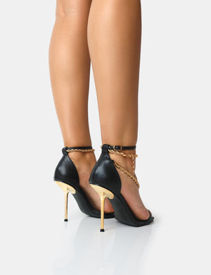 Loyal Black PU Chain Detail Square Toe Gold Stiletto Heels