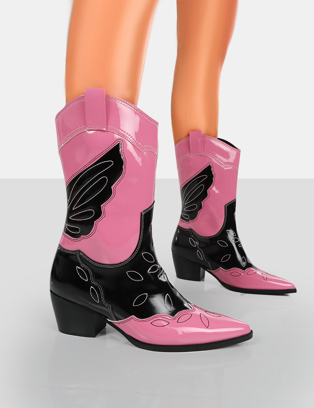 Howdy Pink Patent Western Cowboy Ankle Boots Public Desire