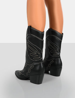 Howdy Black PU Pointed Toe Western Cowboy Ankle Boots