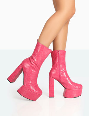 Parker Pink Patent Croc Platform Rounded Pointed Toe Block Heeled Ankle Boots