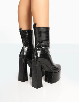 Parker Black Patent Croc Platform Rounded Pointed Toe Block Heeled Ankle Boots