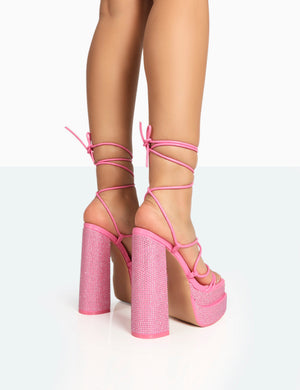Glow Girl Pink Diamante PU Lace Up Platform High Heels
